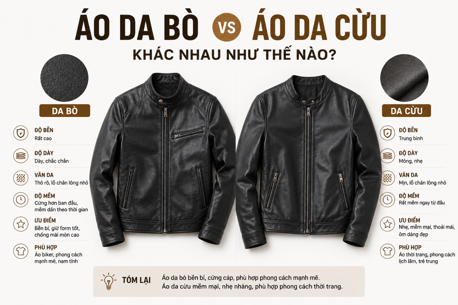 Áo da bò, da cừu, da ngựa khác nhau thế nào khi mặc thực tế?
