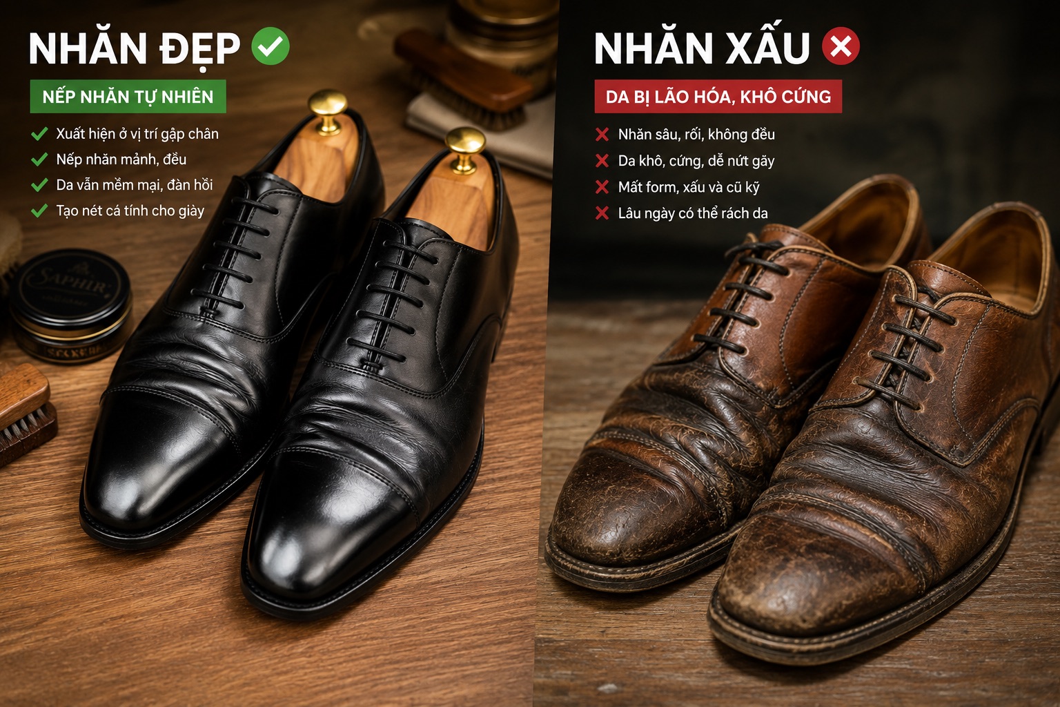 Cùng đôi giày, sao có đôi nhăn đẹp lão hóa như quý ông, có đôi nhăn xấu như mặt hết tiền?